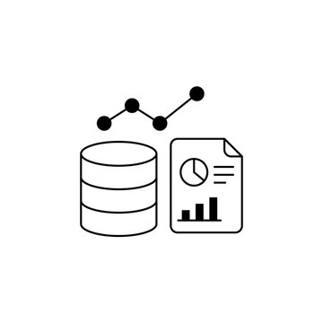 Cybersecurity icon combining a database, report document, and rising analytics chart, symbolizing protected information, security audits, performance metrics, and data intelligence