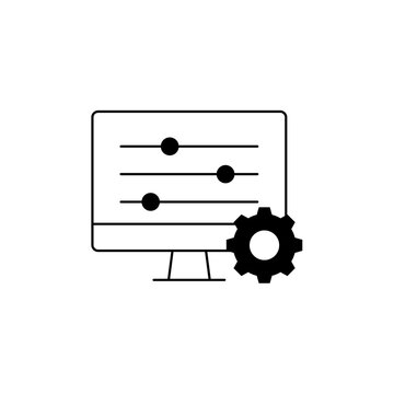 Cybersecurity icon showing a settings dashboard with security badge, illustrating protected controls, system configuration, user permissions, administration, and digital policy management.