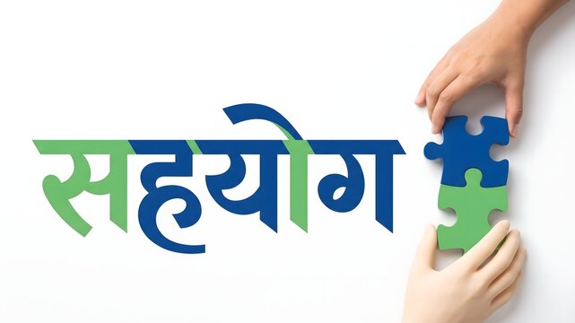 Hindi word sahayog means cooperation, text and jigsaw puzzle concept, human hands holding two pieces.