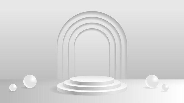 White studio podium vector illustration with layered circular platform, arch backdrop, and soft lighting, designed for elegant product display, branding, and minimalist presentation.