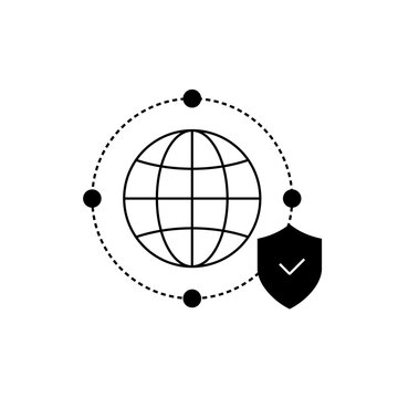 Cybersecurity icon showing a protected global network with globe, orbiting nodes, and shield, symbolizing secure internet access, digital identity, and worldwide data defense.