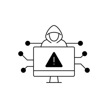Cybersecurity icon depicting a suspicious user at a computer with warning alert, representing malware, endpoint vulnerability, hacking attempts, and digital threat monitoring.