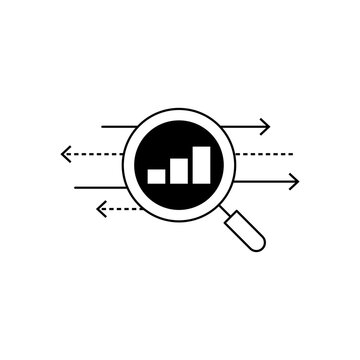 Cybersecurity icon featuring a magnifying glass, analytics chart, and data arrows, illustrating threat intelligence, network inspection, risk analysis, and secure traffic monitoring
