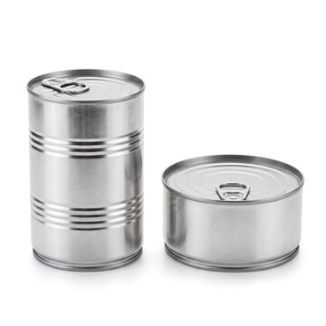 Blank silver tin cans mockup with ring pull lids, tall and short food cans isolated on white background, canned food template