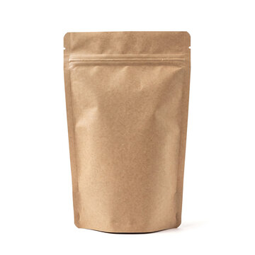 Blank brown kraft paper stand up pouch mockup with zipper, unbranded eco packaging isolated on white background