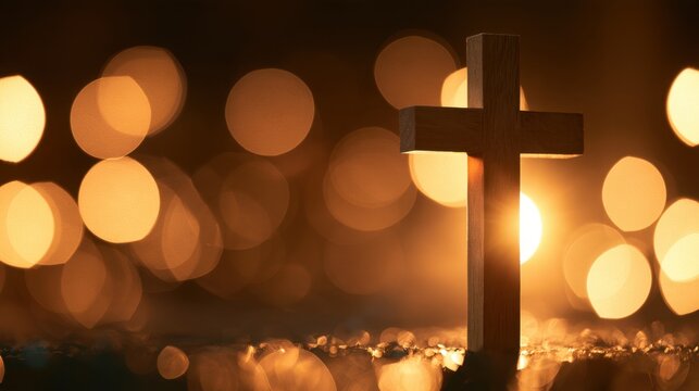 Wooden cross silhouette with glowing candlelight and warm bokeh light background symbolizing faith hope spirituality and religion
