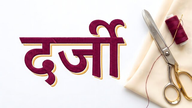 Hindi word darji means tailor, embroidered text with scissors, thread, and fabric.