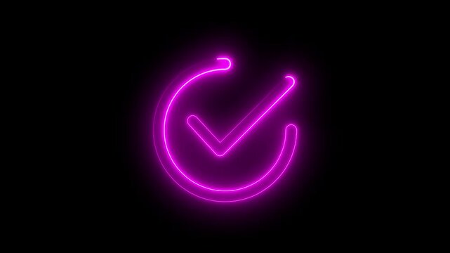 Neon pink glowing checkmark symbol animation on black background, for ui ux, tick