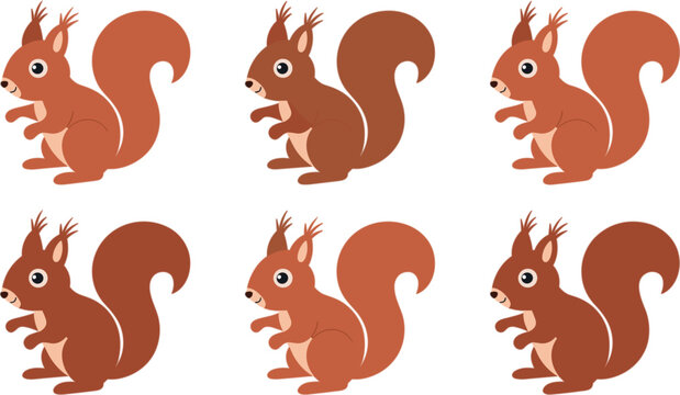 Cute Red Squirrel Vector Illustration Set Featuring Multiple Identical Rodent Characters for Forest Wildlife Nature and Children Educational Graphic Designs