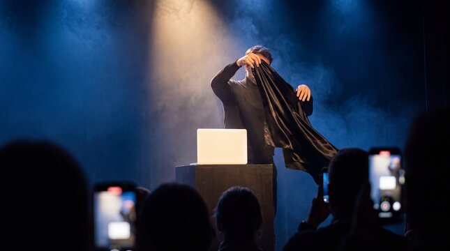 Presenter unveiling new product under cloth on stage, product launch event
