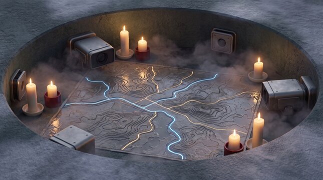 urban navigation design, a circular niche reveals luminous route lines on a wet map, exuding winter technology