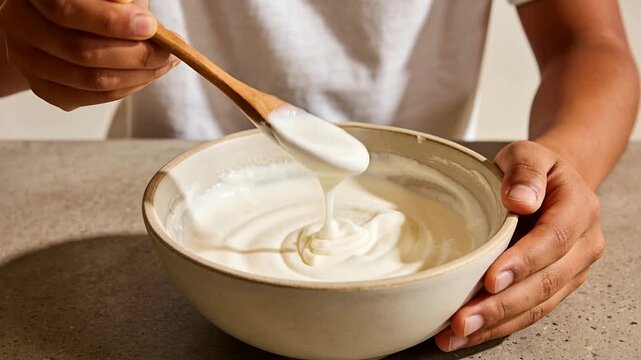 Lifting wooden spoon, white-shirted cook holding bowl on counter, stirring thick mixture for baking