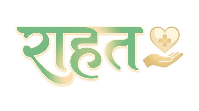 Rahat relief hindi text with golden heart and human hand illustration for charitable support themes.