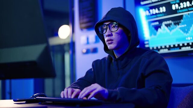 Focused young Asian man in a hoodie and glasses typing on a keyboard in a dark cyber room with glowing financial charts and data codes on screens, representing cybersecurity and online trading.