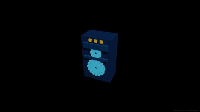 Pixelated Retro Boombox Speaker Rotating on Black Background, 8-bit Music Concept