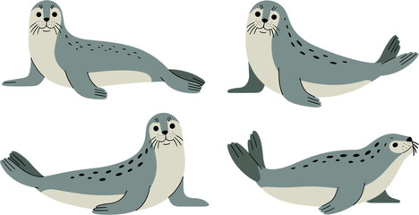 Cute Grey Spotted Seal Vector Character Set Featuring Various Poses and Expressions for Marine Life Wildlife Conservation and Arctic Ocean Nature Graphic Designs © mdrabbi