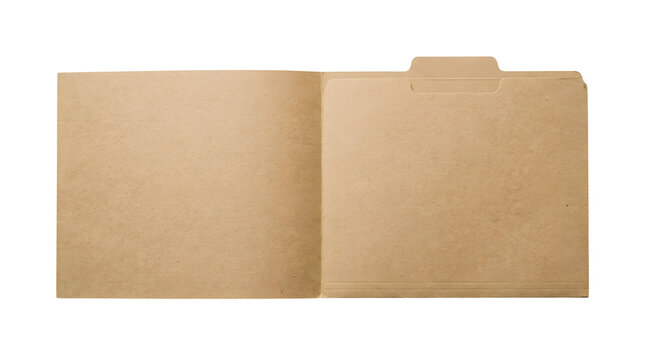 A single open manila folder is positioned centrally in the frame, showing both inside panels with natural paper grain variations against a solid pure white background in a studio-lit minimalist style