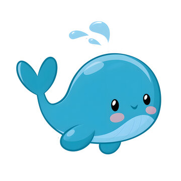 Blue whale illustration in a cute cartoon style, PNG format.