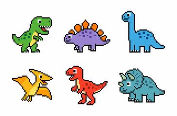 Pixel Art Dinosaur Character Set, Funny Cute Prehistoric Animals Doodle Collection, 8 Bit Game Icons © Yusak