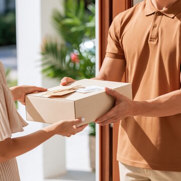 Cardboard package with twine and label being handed from courier in brown polo shirt to customer at doorway, delivery service