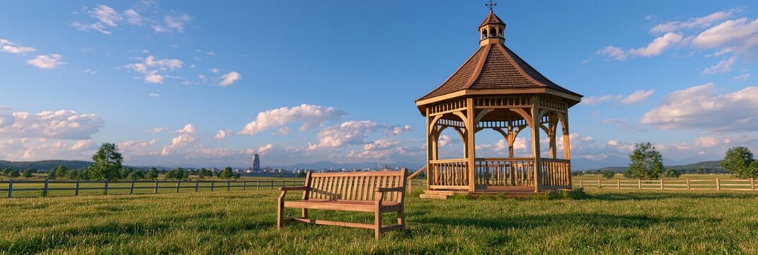 Wooden gazebo and bench in a grassy field with distant city skyline and mountains under a blue sky with clouds