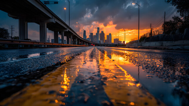 Cityscape Skyline at Sunset View From Highway Underpass, Urban Infrastructure and Transportation Concept, Modern Architecture