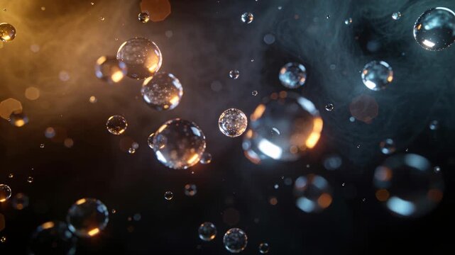 Shifting glass droplets responding to focus pulls in studio, revealing amber bokeh and bluish smoke