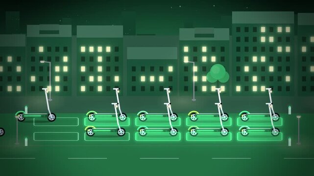 E-scooters parking in marked zones on a green night street