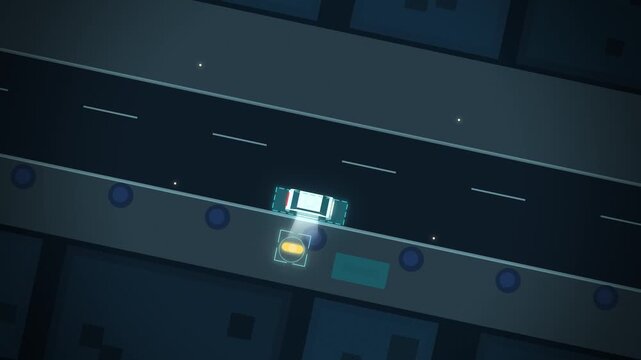 Top view of driverless robotaxi driving a night street with cyan glow