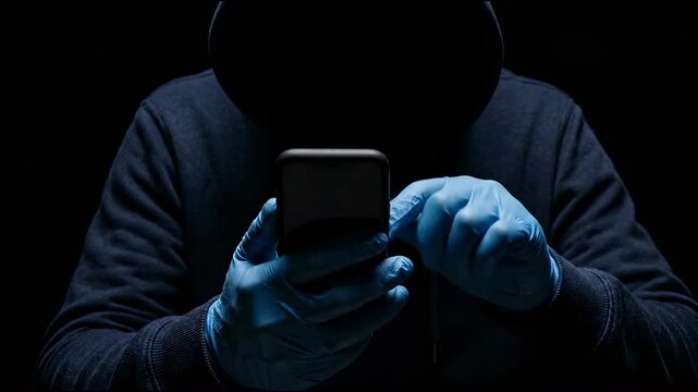 Hooded person in blue gloves uses a smartphone against a black background. Cybersecurity and digital privacy concept. Cybercrime awareness.