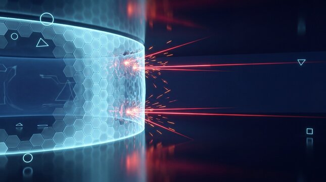 Hexagonal glowing shield wall deflecting red beams, firewall network security