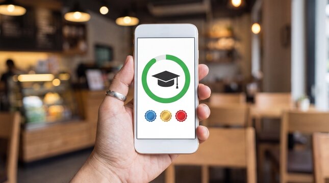 Hand holding phone with learning progress ring and graduation cap icon, upskilling app