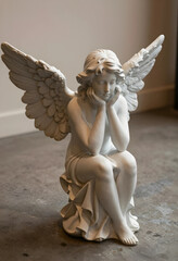 Fototapeta premium Spirituality and mourning, pensive angel statue with wings sitting in contemplation for funeral services or religious memorial and peace