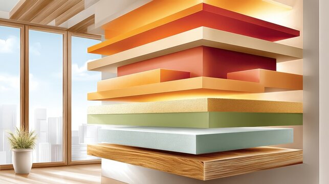 Wooden floor and large window background with layered cross section of insulation materials showing energy efficiency construction
