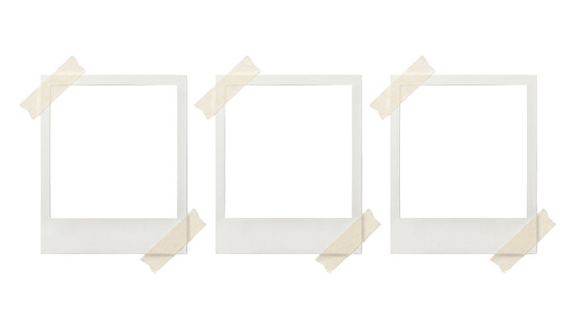 Three blank polaroid style instant photo frames with adhesive masking tape corners offer a nostalgic layout for digital photography.