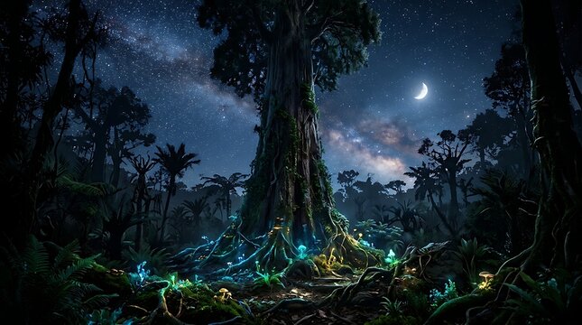 Pixel art night forest with big tree and glowing mushrooms