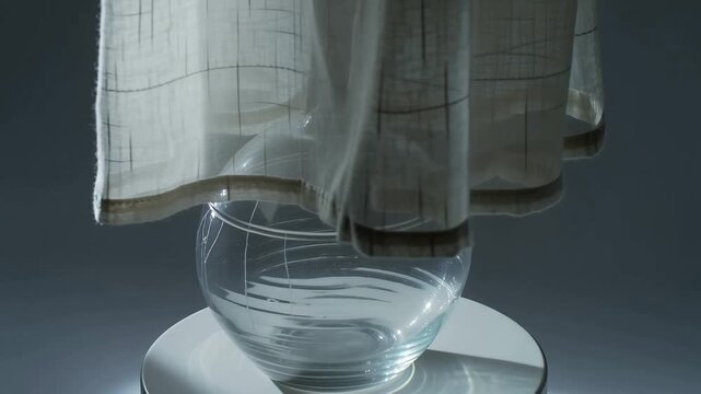 Gravity pulling grid curtain, sliding into glass bowl on pedestal in studio, shifting highlights