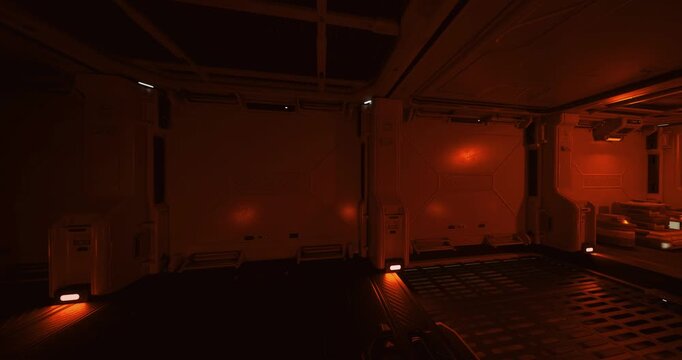dim red lit quarantine chamber interior, empty medbay with standby monitors and sealed bunks, blackout aftermath leaves sterile surfaces dusted and oxygen