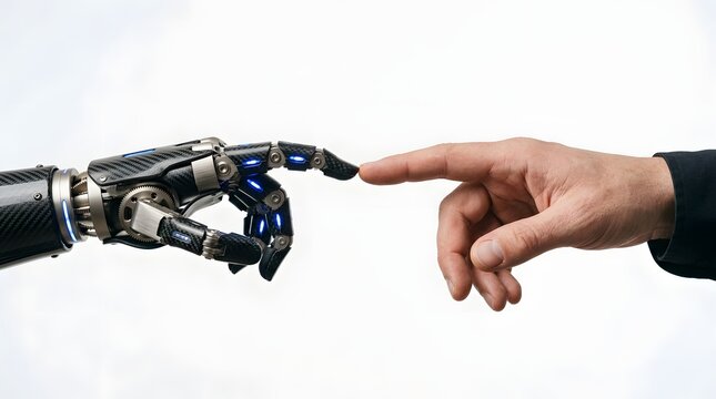 Futuristic robotic hand with carbon fiber texture and glowing blue lights touching a human hand index finger on white background, representing the connection between artificial intelligence and