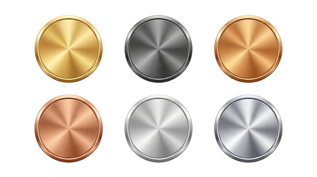 Collection of metallic round buttons in gold silver bronze and steel finishes features brushed radial textures for interface design.