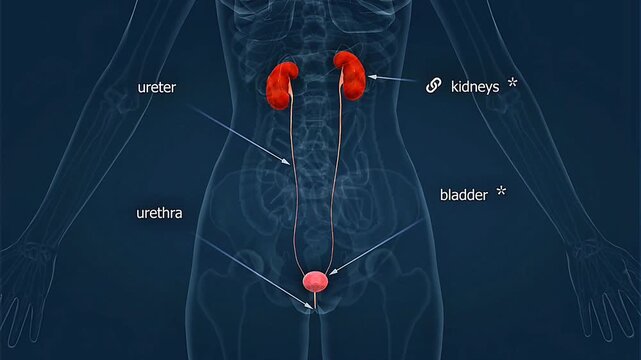 Human female urinary system anatomy includes the kidneys, ureters, urinary bladder, and urethra.
