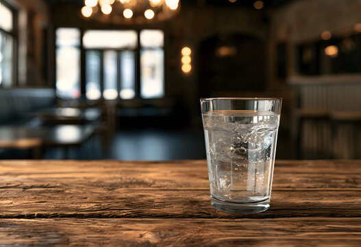 A cool glass of iced water on a rustic wooden table in a restaurant with a subdued lighting and a cozy atmosphere, the scenery outside is blurred, with a nearby chandelier highlighted