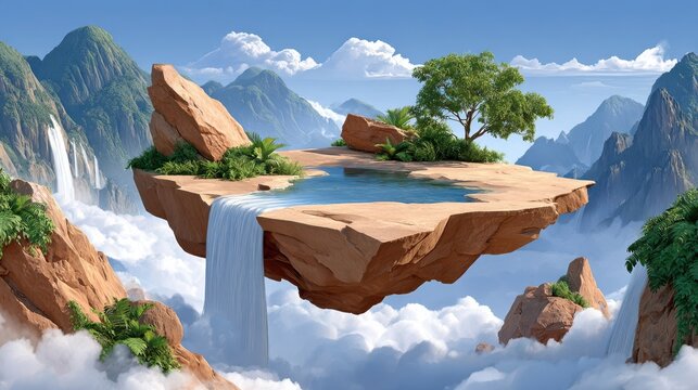 Floating rock island with flat topped stone surface, green tree, small pond, and waterfall cascading into clouds, set against mountain range and blue sky