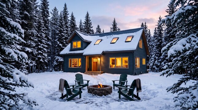 Cozy cabin exterior with stone fire pit and wooden chairs in snowy winter forest at dusk.
