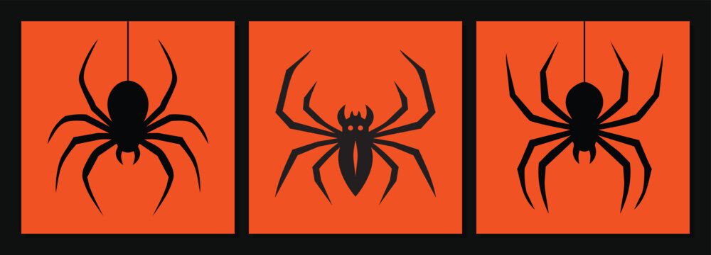 Halloween Spider Silhouette Set on Orange Background, Creepy Black Arachnid Poster Collection. Halloween icon set.