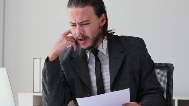 Stressed businessman analyzing a document showing frustration and anger over bad news while working in a modern corporate office
