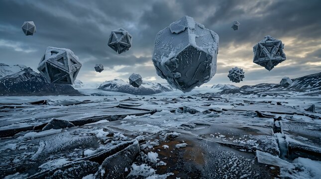 Mysterious frozen geometric shapes levitating above a cold snowy arctic landscape under a dramatic dark cloudy sky