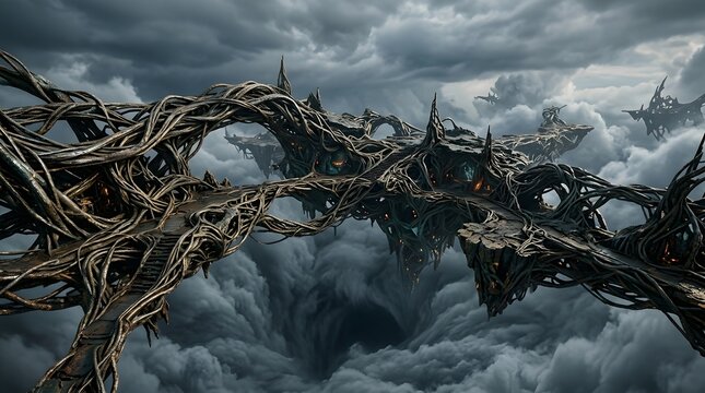 Giant twisting root structures forming ancient floating islands high above stormy clouds in dark fantasy digital illustration art