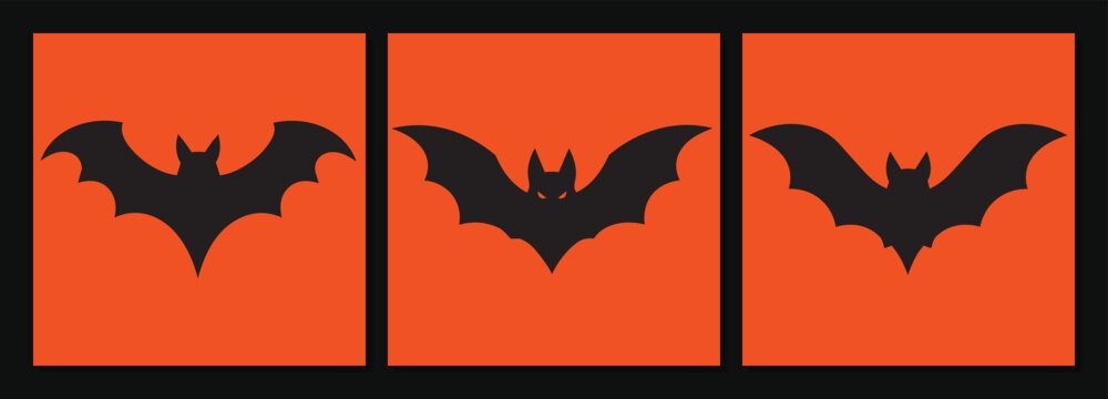 Halloween Bat Silhouette Triptych on Orange Background, Spooky Black Flying Bat Poster Set. Halloween icon set.