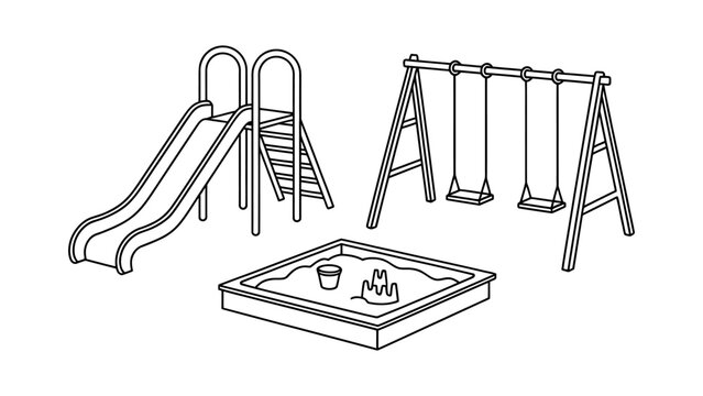 Black and white line art illustration of a children playground with a slide, a swing set, and a sandbox with toys for kids Vector, illustration